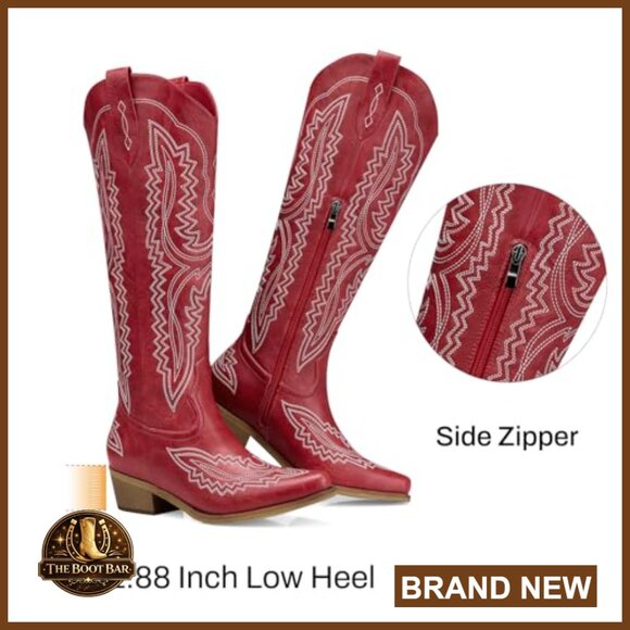 Knee High Cowboy Boots Pointed Toe Low Heel Pull On Zipper Wide Calf - Picture 5 of 7